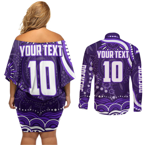 Personalized Fremantle Dockers Rugby Couples Matching Off Shoulder Short Dress and Long Sleeve Button Shirt Aboriginal Dot Art - Dreamtime Football Mascot