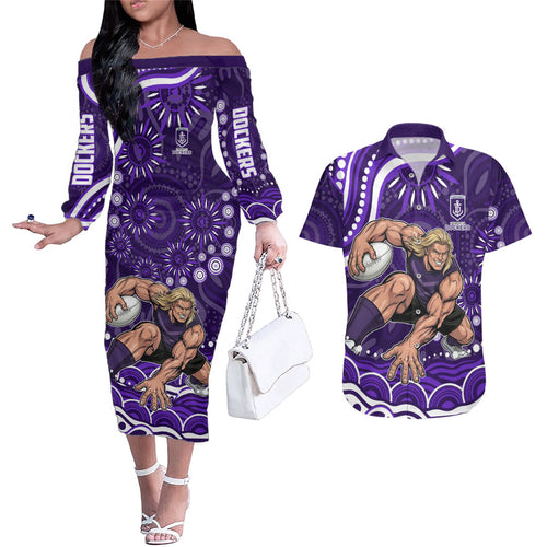 Personalized Fremantle Dockers Rugby Couples Matching Off The Shoulder Long Sleeve Dress and Hawaiian Shirt Aboriginal Dot Art - Dreamtime Football Mascot