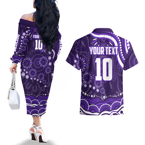 Personalized Fremantle Dockers Rugby Couples Matching Off The Shoulder Long Sleeve Dress and Hawaiian Shirt Aboriginal Dot Art - Dreamtime Football Mascot