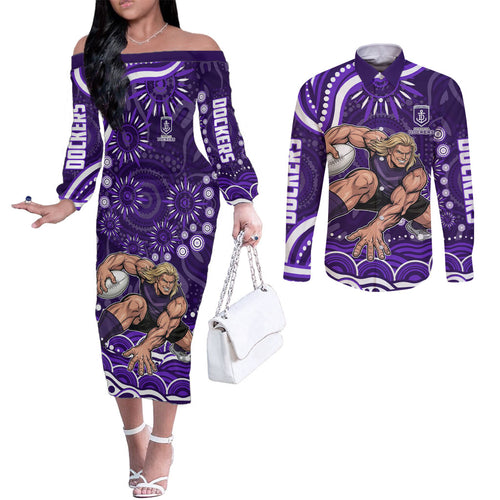 Personalized Fremantle Dockers Rugby Couples Matching Off The Shoulder Long Sleeve Dress and Long Sleeve Button Shirt Aboriginal Dot Art - Dreamtime Football Mascot