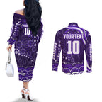 Personalized Fremantle Dockers Rugby Couples Matching Off The Shoulder Long Sleeve Dress and Long Sleeve Button Shirt Aboriginal Dot Art - Dreamtime Football Mascot