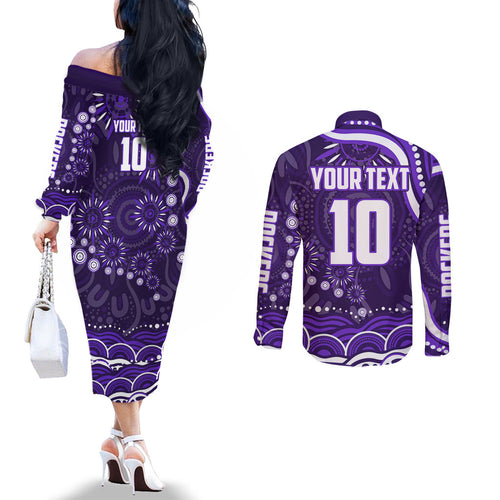 Personalized Fremantle Dockers Rugby Couples Matching Off The Shoulder Long Sleeve Dress and Long Sleeve Button Shirt Aboriginal Dot Art - Dreamtime Football Mascot