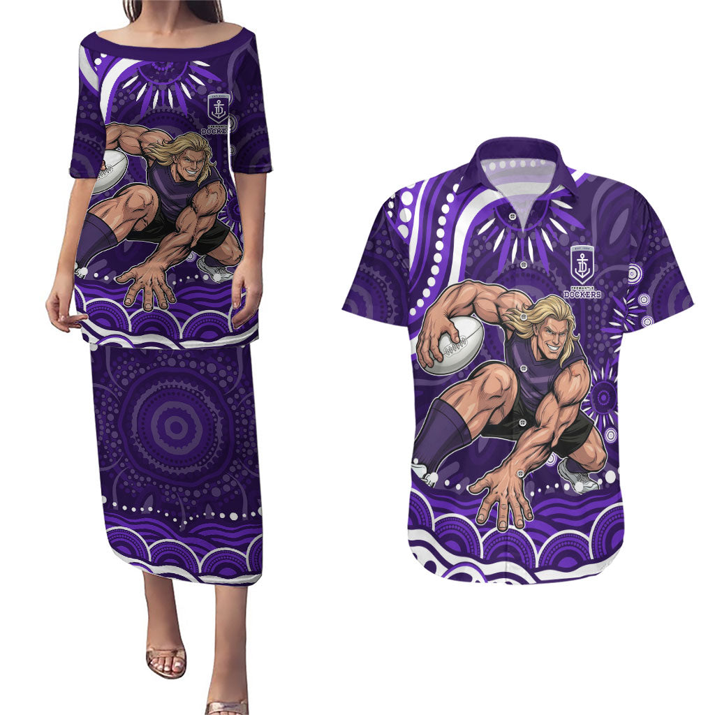 Personalized Fremantle Dockers Rugby Couples Matching Puletasi and Hawaiian Shirt Aboriginal Dot Art - Dreamtime Football Mascot
