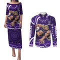 Personalized Fremantle Dockers Rugby Couples Matching Puletasi and Long Sleeve Button Shirt Aboriginal Dot Art - Dreamtime Football Mascot