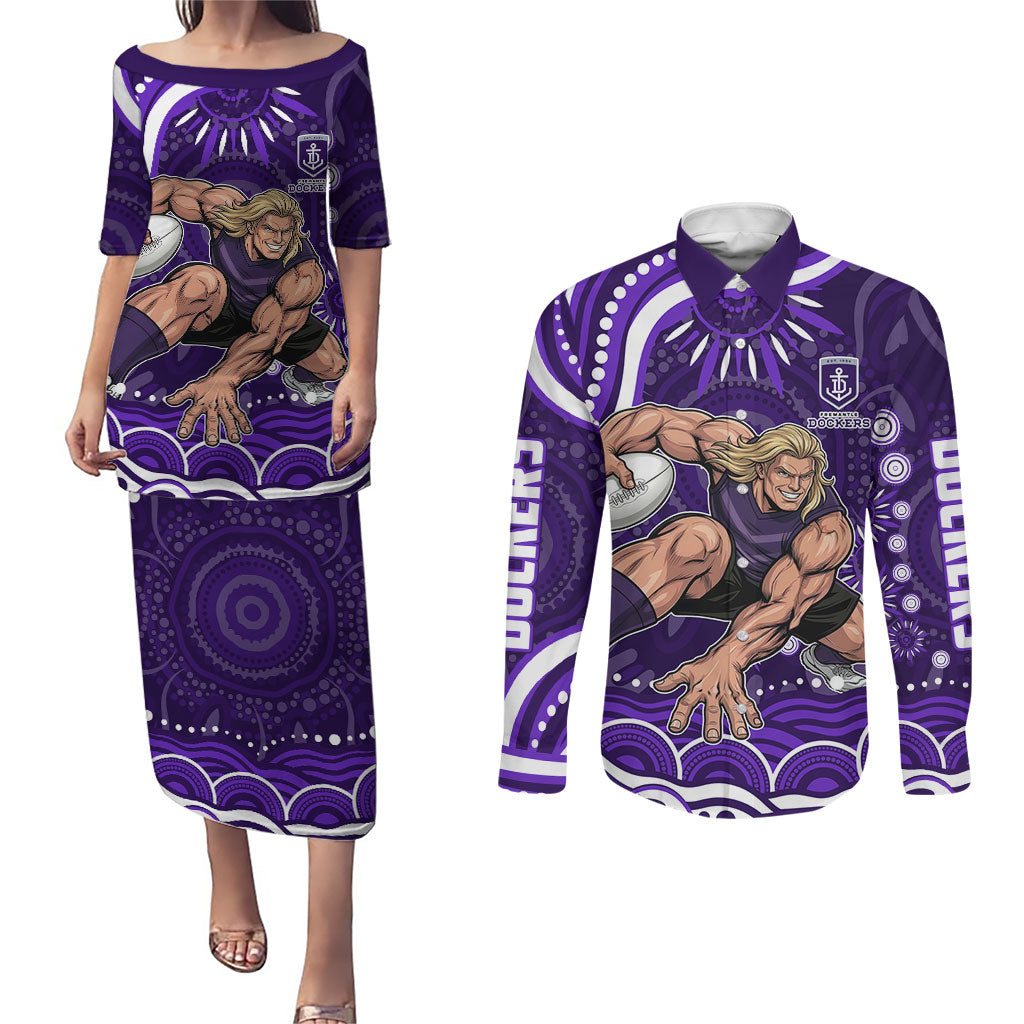 Personalized Fremantle Dockers Rugby Couples Matching Puletasi and Long Sleeve Button Shirt Aboriginal Dot Art - Dreamtime Football Mascot