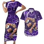 Personalized Fremantle Dockers Rugby Couples Matching Short Sleeve Bodycon Dress and Hawaiian Shirt Aboriginal Dot Art - Dreamtime Football Mascot