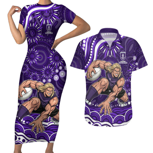 Personalized Fremantle Dockers Rugby Couples Matching Short Sleeve Bodycon Dress and Hawaiian Shirt Aboriginal Dot Art - Dreamtime Football Mascot