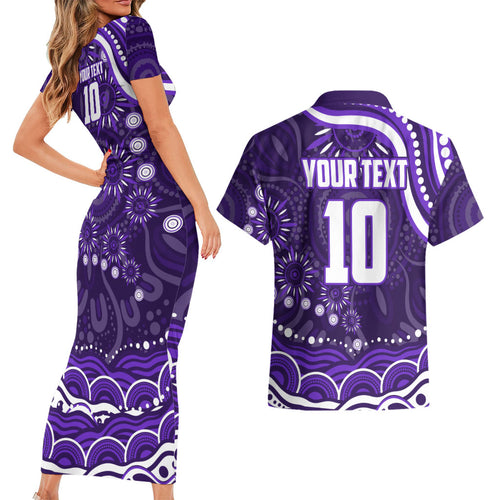 Personalized Fremantle Dockers Rugby Couples Matching Short Sleeve Bodycon Dress and Hawaiian Shirt Aboriginal Dot Art - Dreamtime Football Mascot