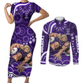 Personalized Fremantle Dockers Rugby Couples Matching Short Sleeve Bodycon Dress and Long Sleeve Button Shirt Aboriginal Dot Art - Dreamtime Football Mascot