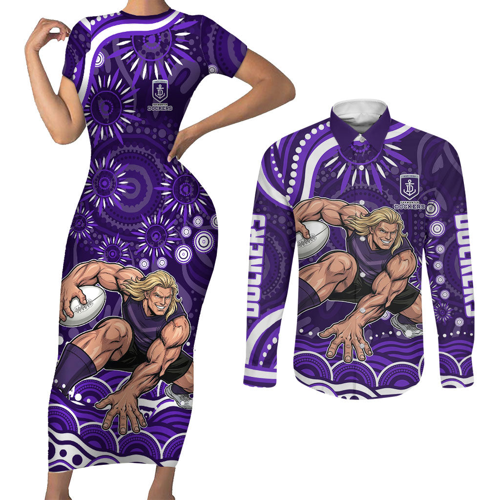 Personalized Fremantle Dockers Rugby Couples Matching Short Sleeve Bodycon Dress and Long Sleeve Button Shirt Aboriginal Dot Art - Dreamtime Football Mascot