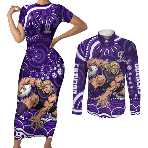 Personalized Fremantle Dockers Rugby Couples Matching Short Sleeve Bodycon Dress and Long Sleeve Button Shirt Aboriginal Dot Art - Dreamtime Football Mascot