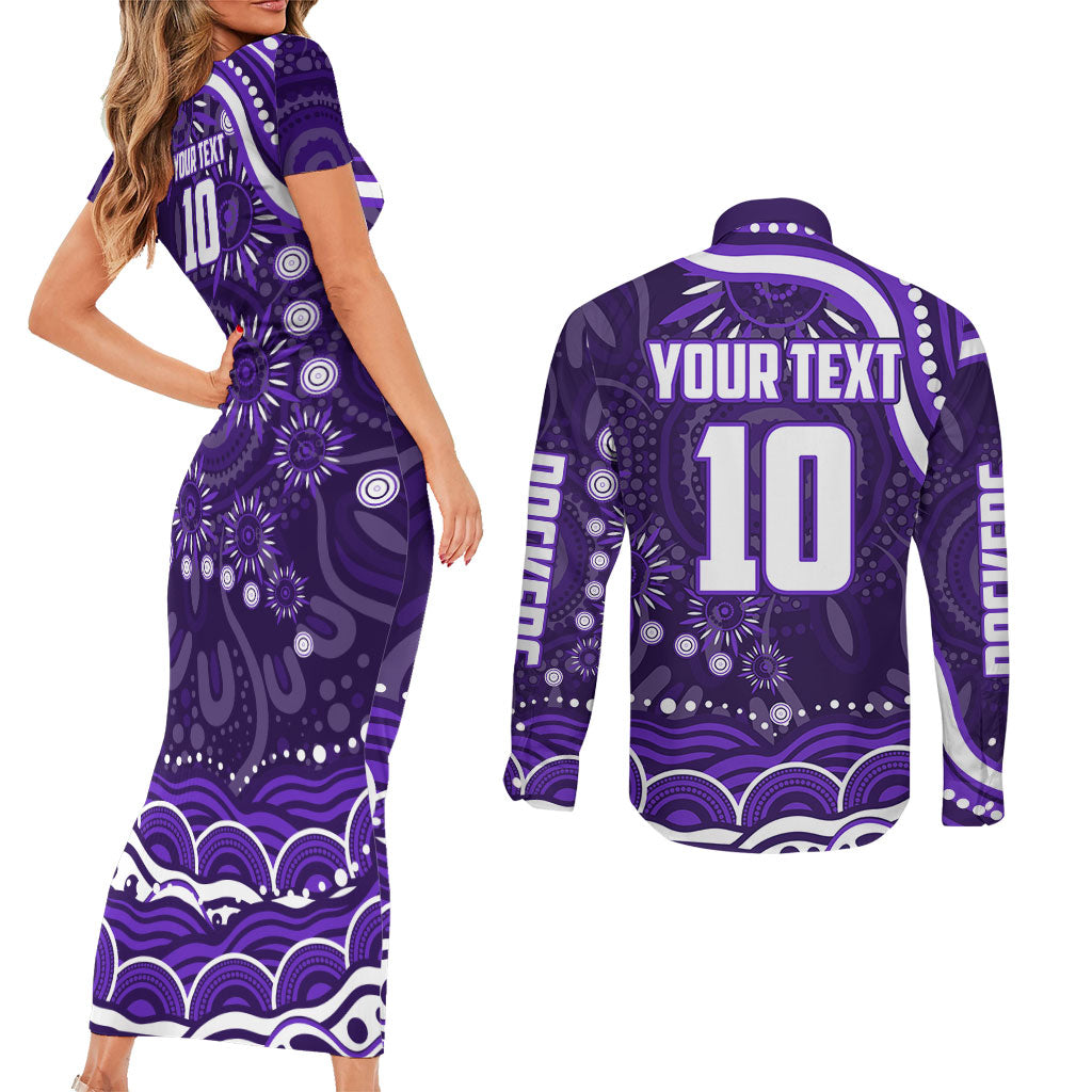 Personalized Fremantle Dockers Rugby Couples Matching Short Sleeve Bodycon Dress and Long Sleeve Button Shirt Aboriginal Dot Art - Dreamtime Football Mascot