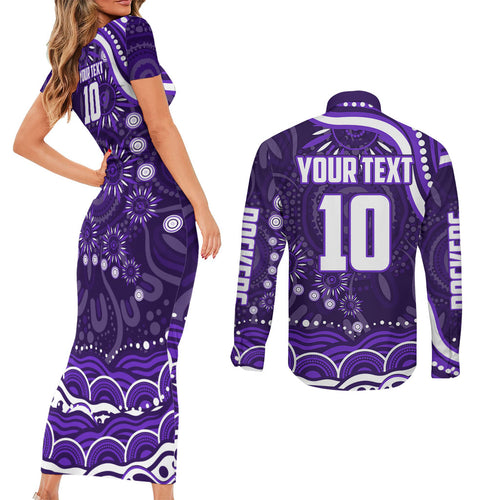 Personalized Fremantle Dockers Rugby Couples Matching Short Sleeve Bodycon Dress and Long Sleeve Button Shirt Aboriginal Dot Art - Dreamtime Football Mascot