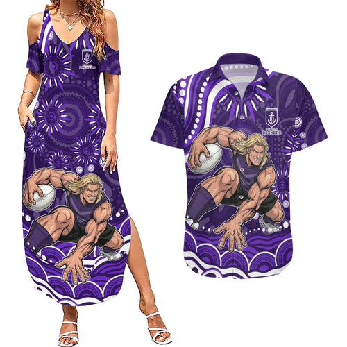 Personalized Fremantle Dockers Rugby Couples Matching Summer Maxi Dress and Hawaiian Shirt Aboriginal Dot Art - Dreamtime Football Mascot