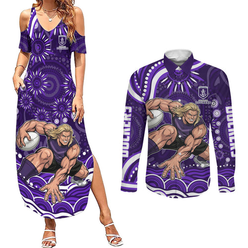 Personalized Fremantle Dockers Rugby Couples Matching Summer Maxi Dress and Long Sleeve Button Shirt Aboriginal Dot Art - Dreamtime Football Mascot