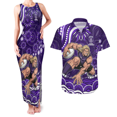 Personalized Fremantle Dockers Rugby Couples Matching Tank Maxi Dress and Hawaiian Shirt Aboriginal Dot Art - Dreamtime Football Mascot