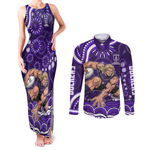 Personalized Fremantle Dockers Rugby Couples Matching Tank Maxi Dress and Long Sleeve Button Shirt Aboriginal Dot Art - Dreamtime Football Mascot