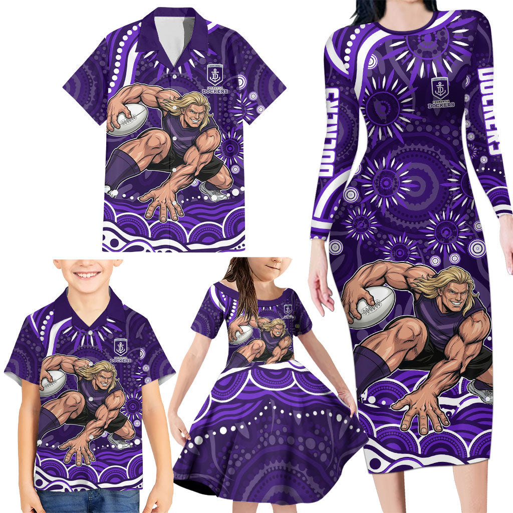 Personalized Fremantle Dockers Rugby Family Matching Long Sleeve Bodycon Dress and Hawaiian Shirt Aboriginal Dot Art - Dreamtime Football Mascot