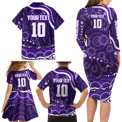 Personalized Fremantle Dockers Rugby Family Matching Long Sleeve Bodycon Dress and Hawaiian Shirt Aboriginal Dot Art - Dreamtime Football Mascot
