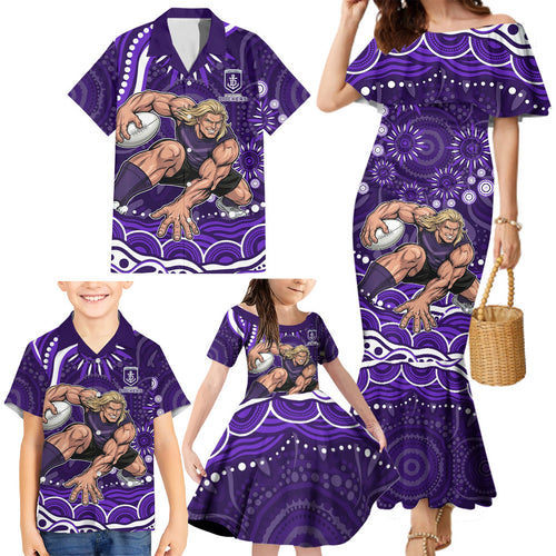Personalized Fremantle Dockers Rugby Family Matching Mermaid Dress and Hawaiian Shirt Aboriginal Dot Art - Dreamtime Football Mascot