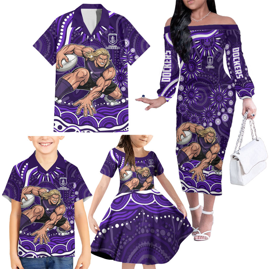 Personalized Fremantle Dockers Rugby Family Matching Off The Shoulder Long Sleeve Dress and Hawaiian Shirt Aboriginal Dot Art - Dreamtime Football Mascot