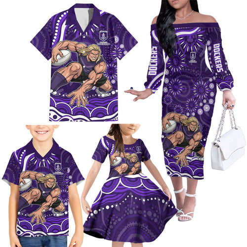 Personalized Fremantle Dockers Rugby Family Matching Off The Shoulder Long Sleeve Dress and Hawaiian Shirt Aboriginal Dot Art - Dreamtime Football Mascot