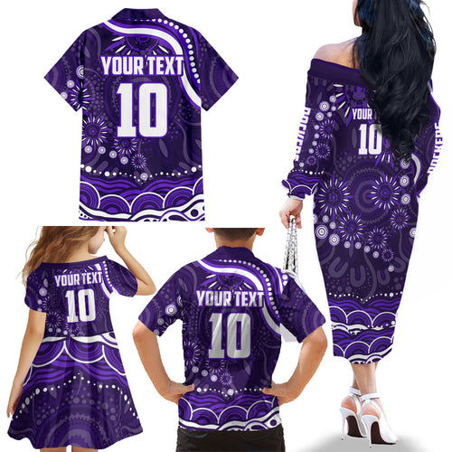 Personalized Fremantle Dockers Rugby Family Matching Off The Shoulder Long Sleeve Dress and Hawaiian Shirt Aboriginal Dot Art - Dreamtime Football Mascot