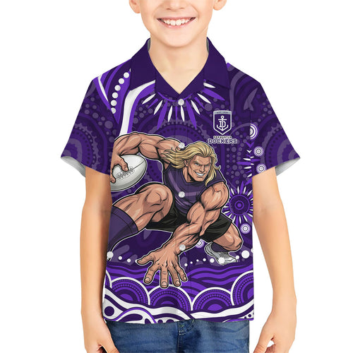 Personalized Fremantle Dockers Rugby Family Matching Off The Shoulder Long Sleeve Dress and Hawaiian Shirt Aboriginal Dot Art - Dreamtime Football Mascot