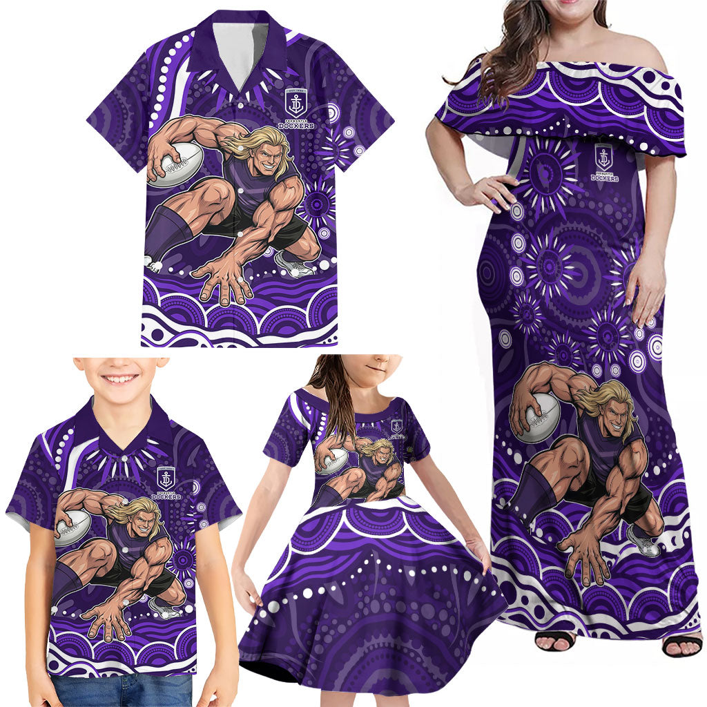 Personalized Fremantle Dockers Rugby Family Matching Off Shoulder Maxi Dress and Hawaiian Shirt Aboriginal Dot Art - Dreamtime Football Mascot