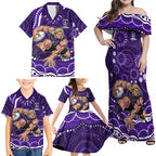 Personalized Fremantle Dockers Rugby Family Matching Off Shoulder Maxi Dress and Hawaiian Shirt Aboriginal Dot Art - Dreamtime Football Mascot