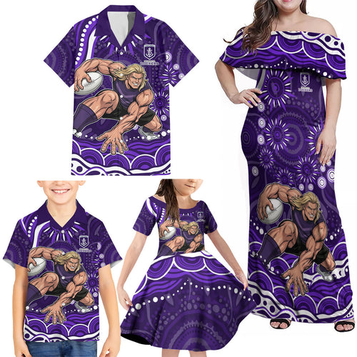 Personalized Fremantle Dockers Rugby Family Matching Off Shoulder Maxi Dress and Hawaiian Shirt Aboriginal Dot Art - Dreamtime Football Mascot