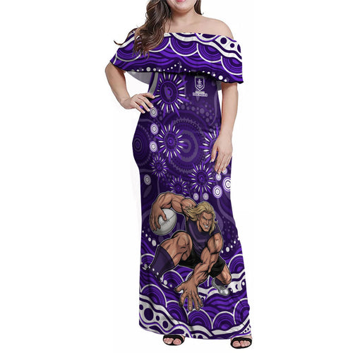 Personalized Fremantle Dockers Rugby Family Matching Off Shoulder Maxi Dress and Hawaiian Shirt Aboriginal Dot Art - Dreamtime Football Mascot