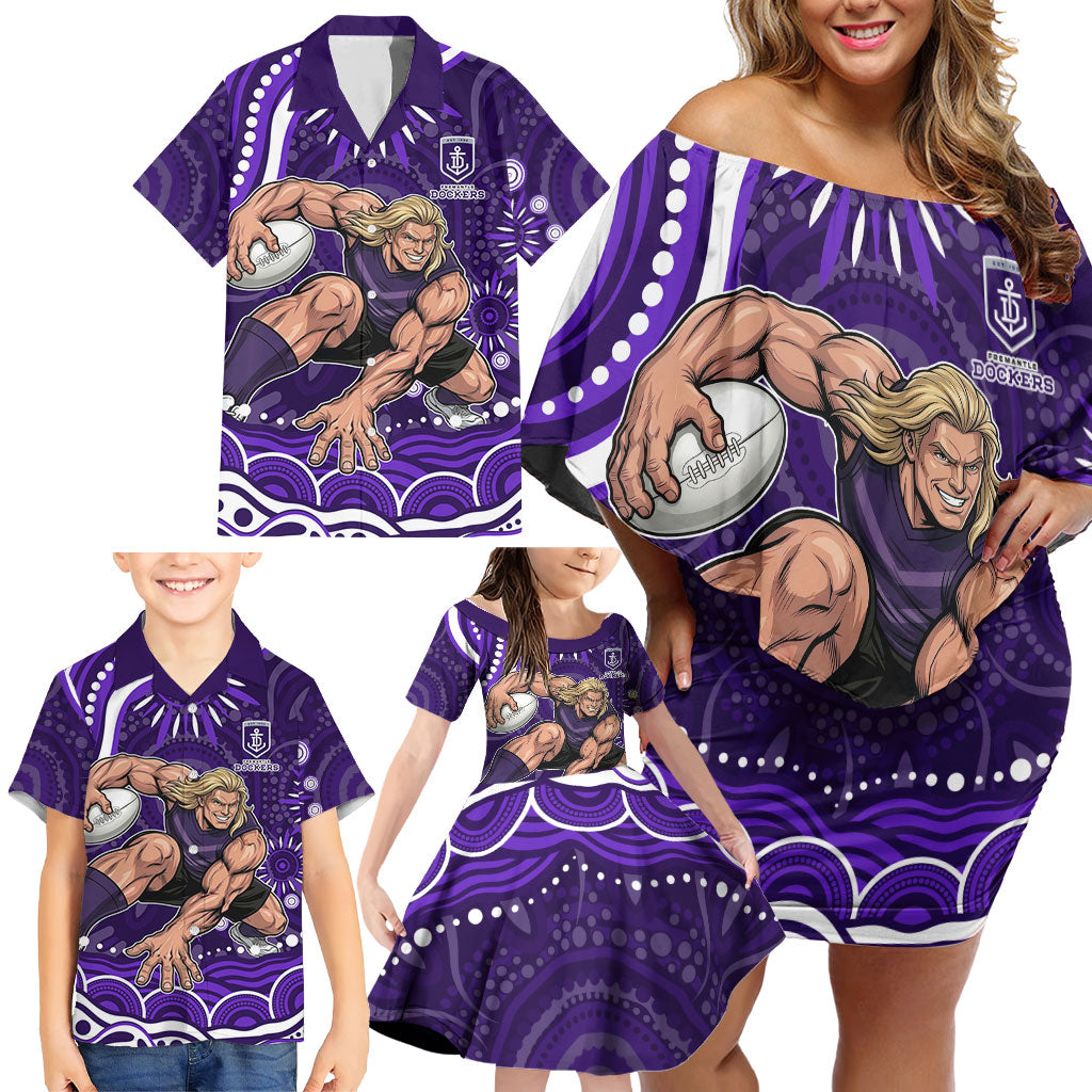 Personalized Fremantle Dockers Rugby Family Matching Off Shoulder Short Dress and Hawaiian Shirt Aboriginal Dot Art - Dreamtime Football Mascot