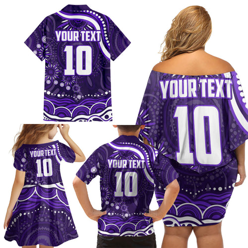 Personalized Fremantle Dockers Rugby Family Matching Off Shoulder Short Dress and Hawaiian Shirt Aboriginal Dot Art - Dreamtime Football Mascot