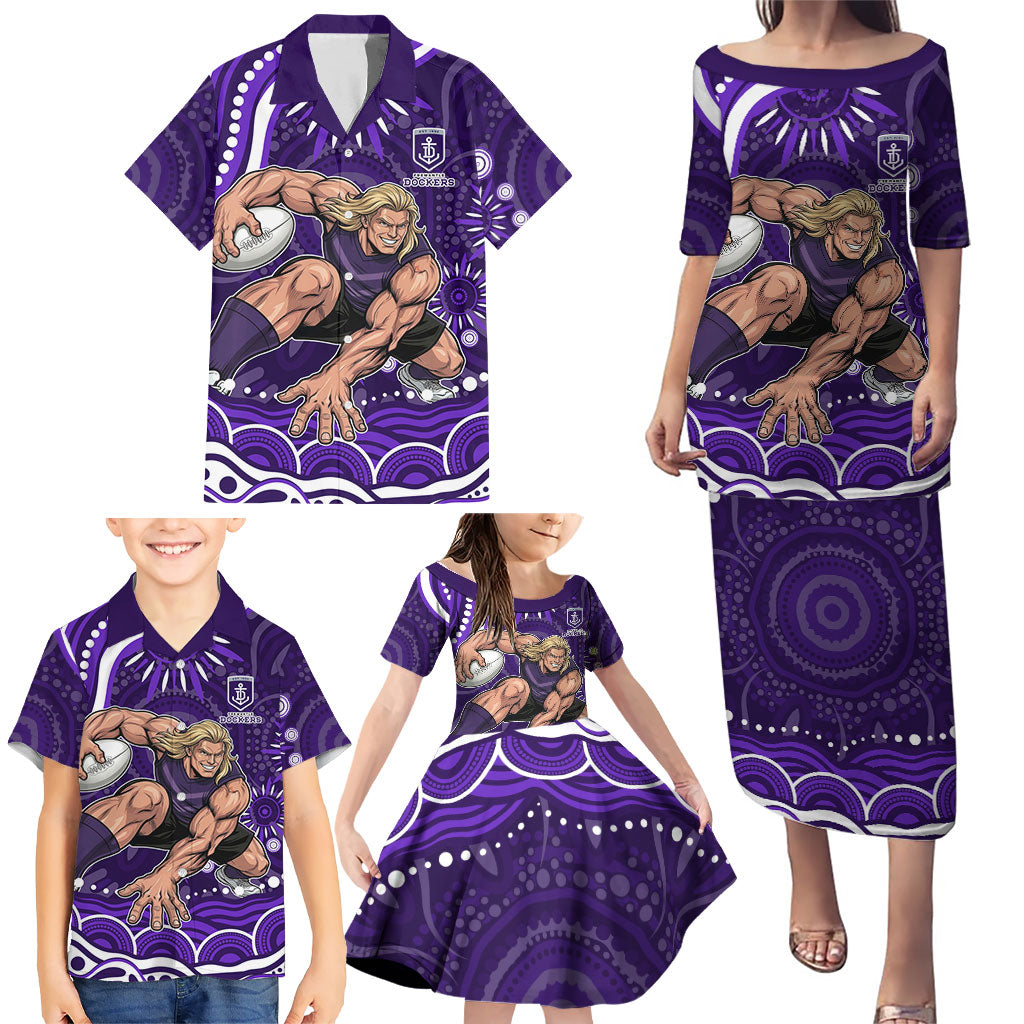 Personalized Fremantle Dockers Rugby Family Matching Puletasi and Hawaiian Shirt Aboriginal Dot Art - Dreamtime Football Mascot