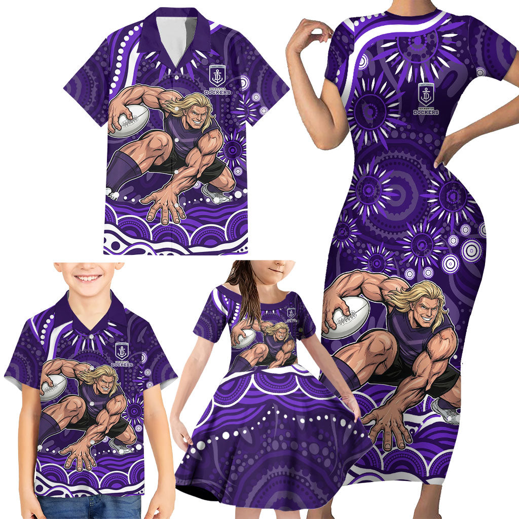 Personalized Fremantle Dockers Rugby Family Matching Short Sleeve Bodycon Dress and Hawaiian Shirt Aboriginal Dot Art - Dreamtime Football Mascot