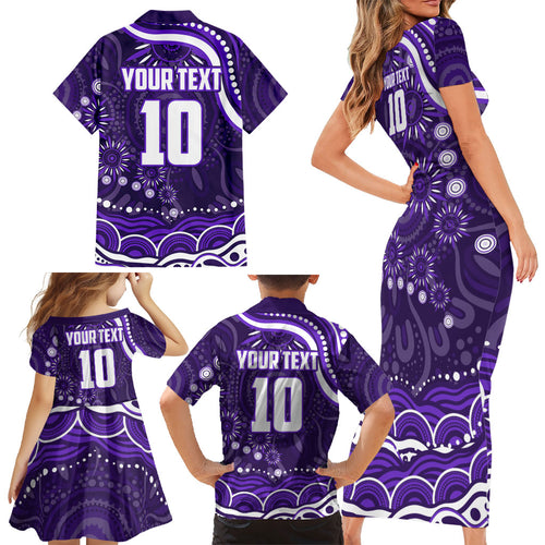 Personalized Fremantle Dockers Rugby Family Matching Short Sleeve Bodycon Dress and Hawaiian Shirt Aboriginal Dot Art - Dreamtime Football Mascot
