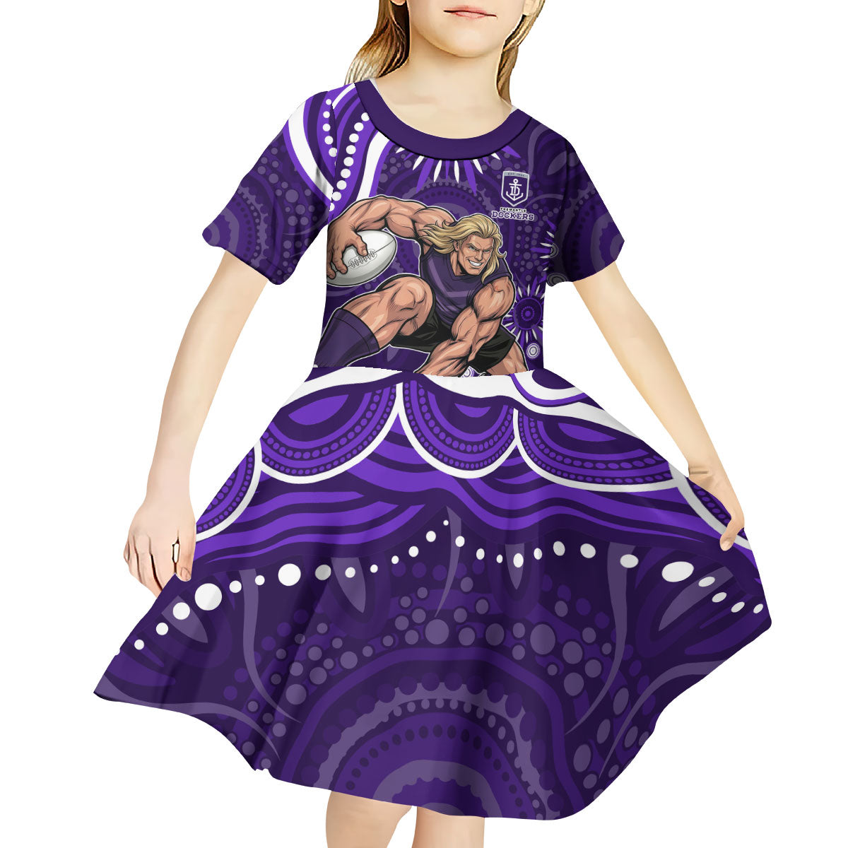 Personalized Fremantle Dockers Rugby Kid Short Sleeve Dress Aboriginal Dot Art - Dreamtime Football Mascot