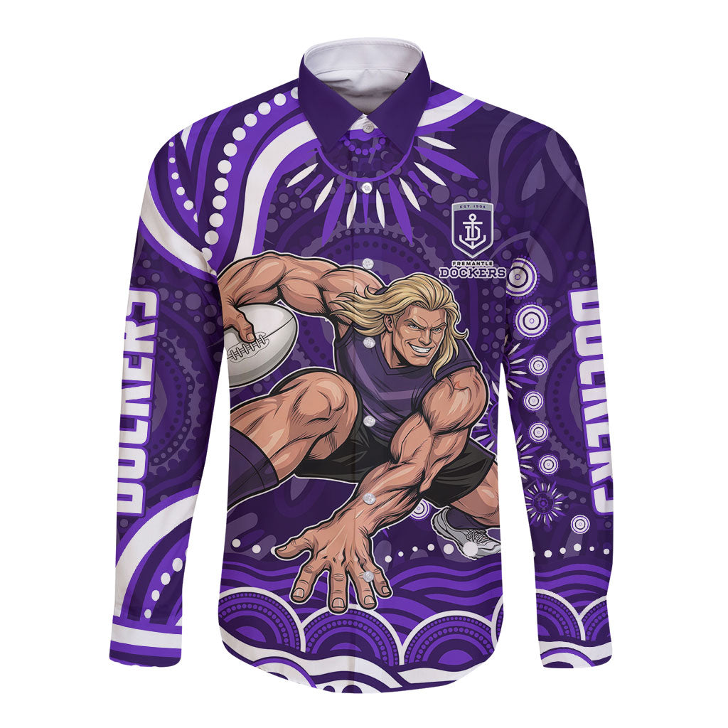Personalized Fremantle Dockers Rugby Long Sleeve Button Shirt Aboriginal Dot Art - Dreamtime Football Mascot