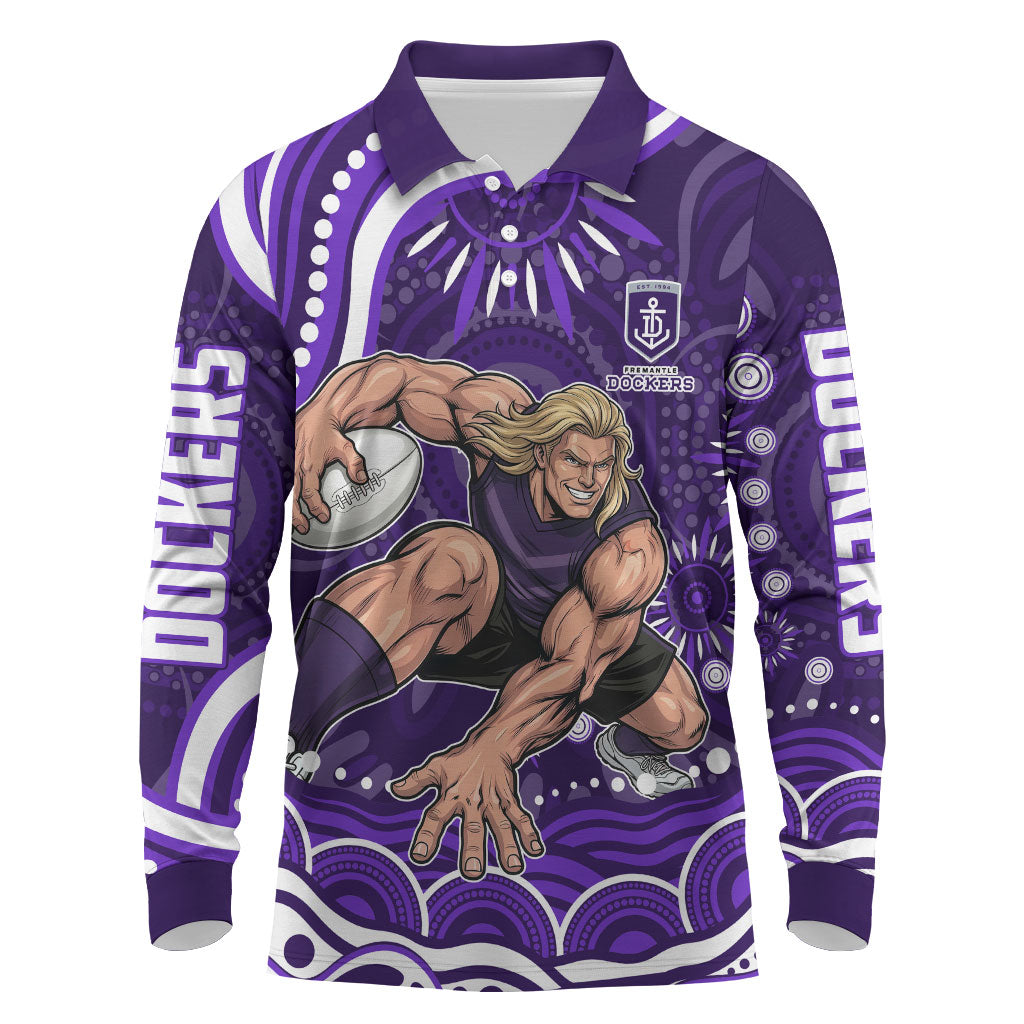 Personalized Fremantle Dockers Rugby Long Sleeve Polo Shirt Aboriginal Dot Art - Dreamtime Football Mascot