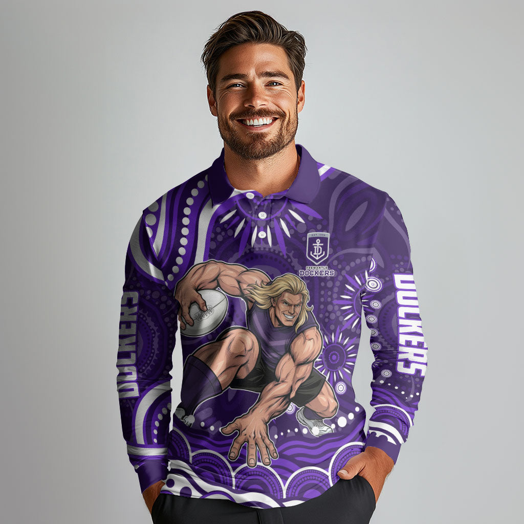 Personalized Fremantle Dockers Rugby Long Sleeve Polo Shirt Aboriginal Dot Art - Dreamtime Football Mascot