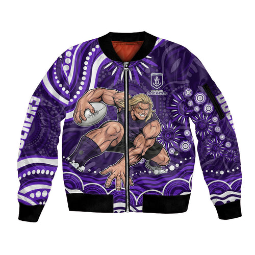 Personalized Fremantle Dockers Rugby Sleeve Zip Bomber Jacket Aboriginal Dot Art - Dreamtime Football Mascot