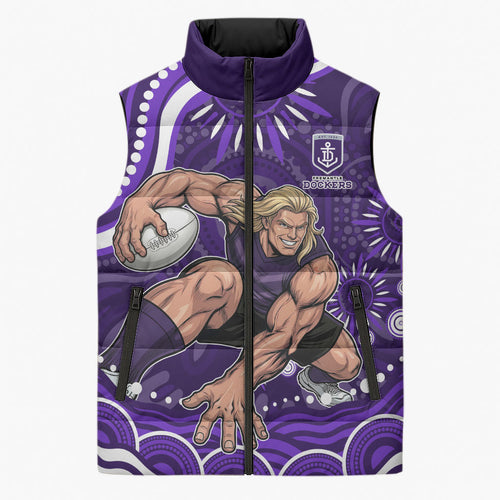 Personalized Fremantle Dockers Rugby Sleeveless Puffer Jacket Aboriginal Dot Art - Dreamtime Football Mascot