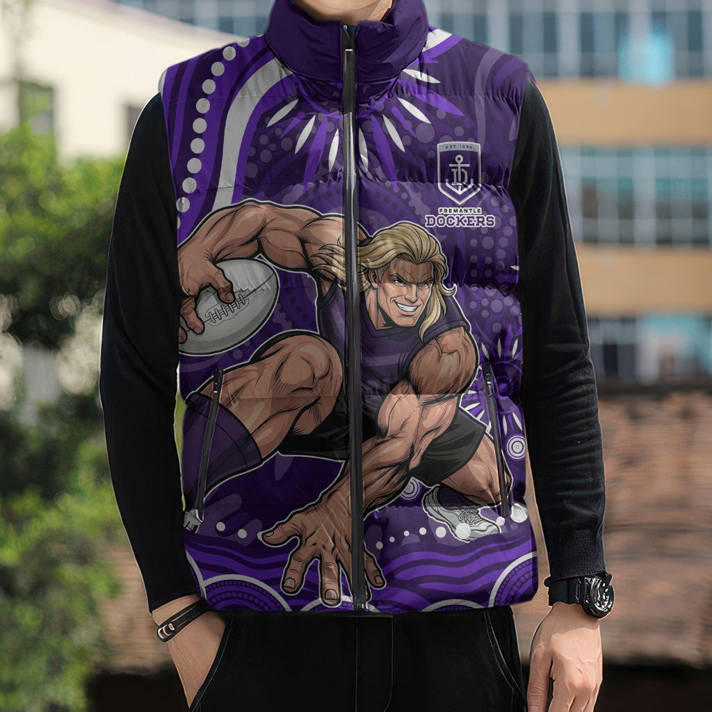 Personalized Fremantle Dockers Rugby Sleeveless Puffer Jacket Aboriginal Dot Art - Dreamtime Football Mascot