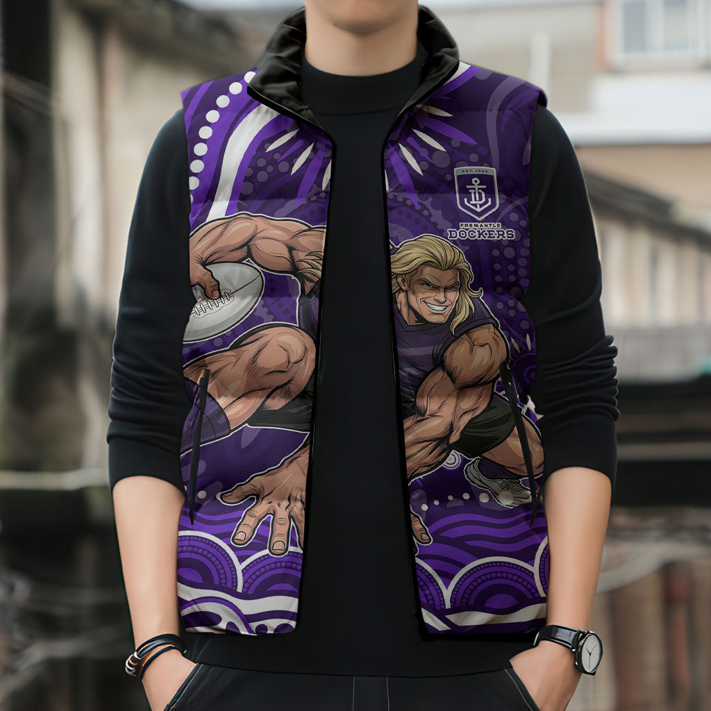 Personalized Fremantle Dockers Rugby Sleeveless Puffer Jacket Aboriginal Dot Art - Dreamtime Football Mascot