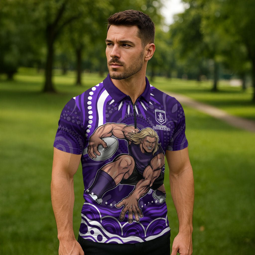 Personalized Fremantle Dockers Rugby Zipper Polo Shirt Aboriginal Dot Art - Dreamtime Football Mascot