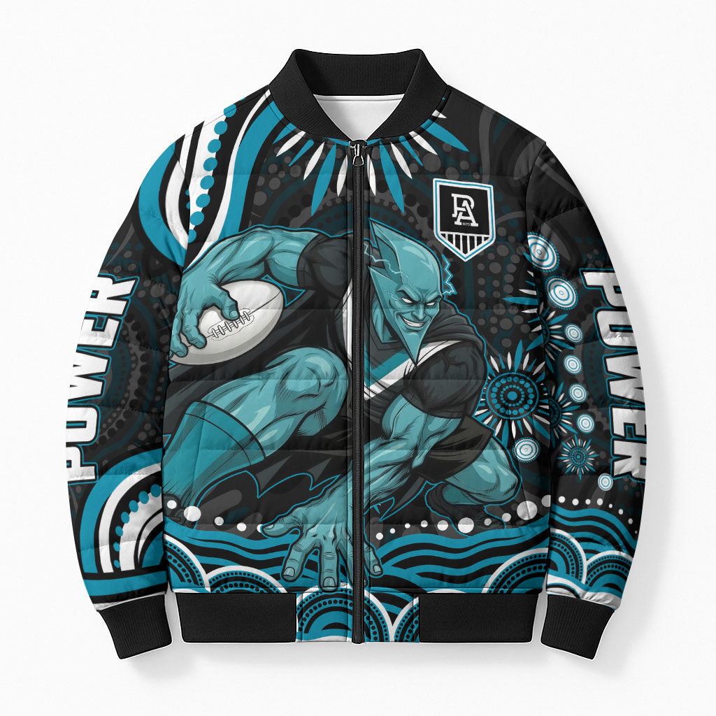 Personalized Port Adelaide Power Rugby Bomber Puffer Jacket Aboriginal Dot Art - Dreamtime Football Mascot