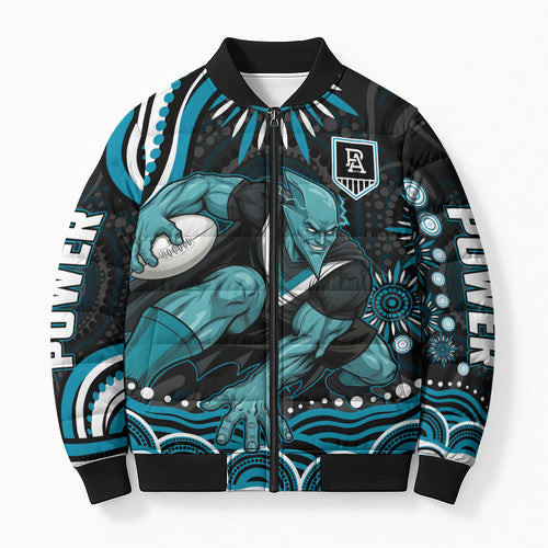 Personalized Port Adelaide Power Rugby Bomber Puffer Jacket Aboriginal Dot Art - Dreamtime Football Mascot