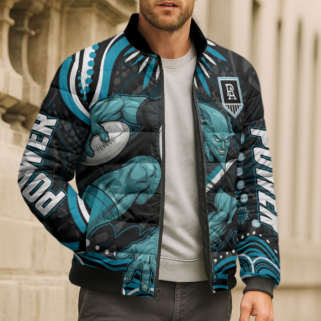 Personalized Port Adelaide Power Rugby Bomber Puffer Jacket Aboriginal Dot Art - Dreamtime Football Mascot