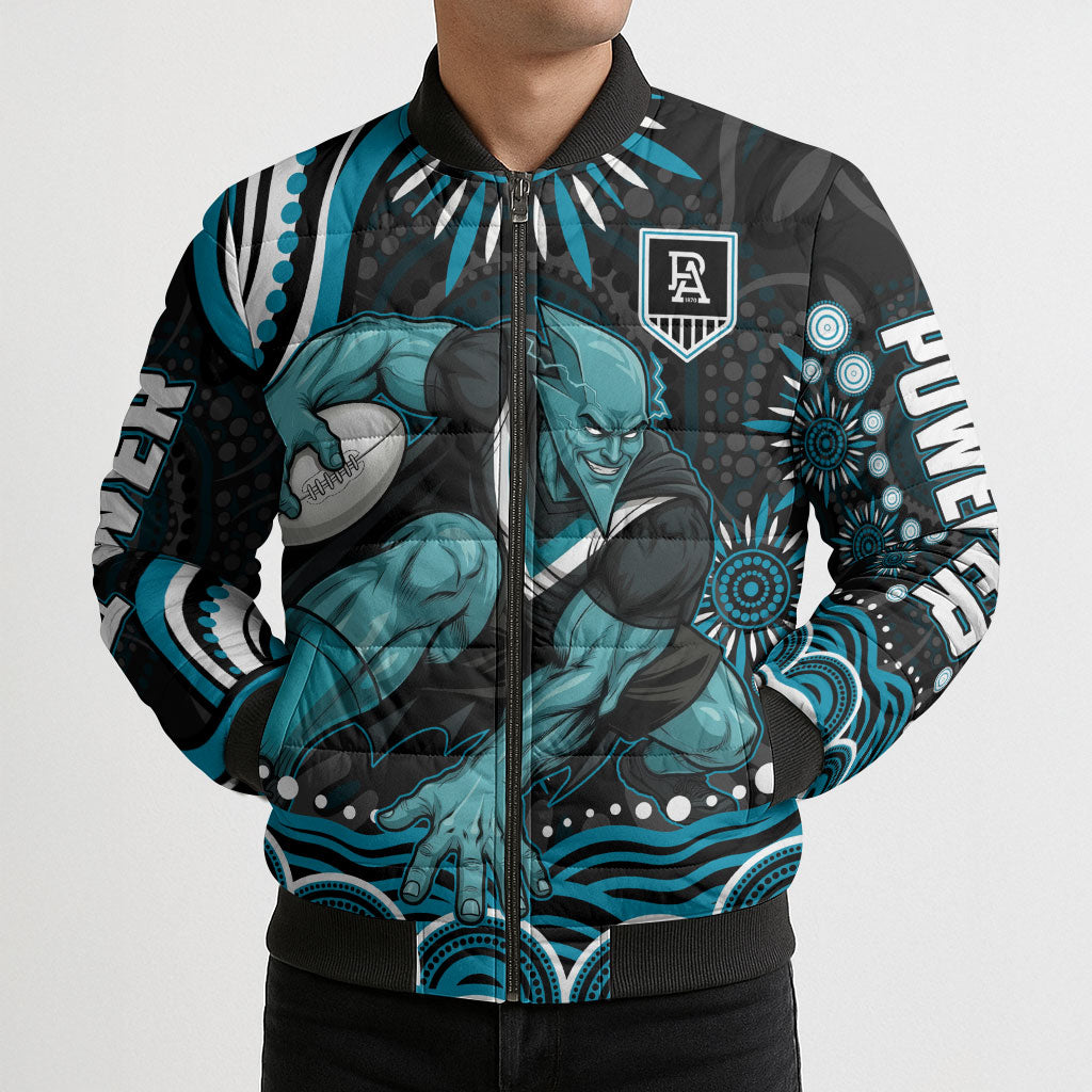 Personalized Port Adelaide Power Rugby Bomber Puffer Jacket Aboriginal Dot Art - Dreamtime Football Mascot